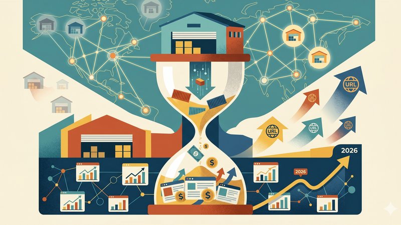 Современная иллюстрация трендов рынка перепродажи истекших доменов для складской логистики в 2026 году